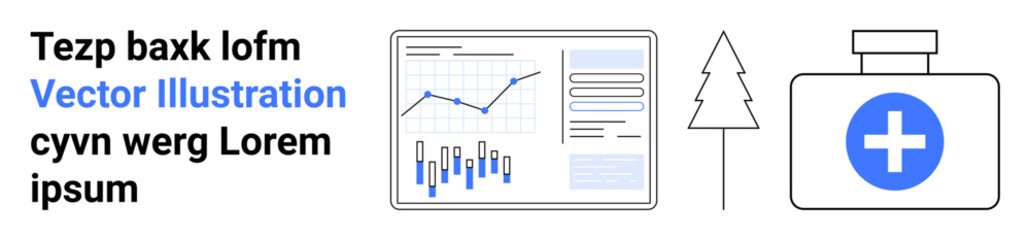 Obraz premium Graph on a screen, pine tree outline, medical box with a cross, lorem ipsum text in black, blue. Ideal for data analytics, technology, environment, healthcare, minimalism, education, information