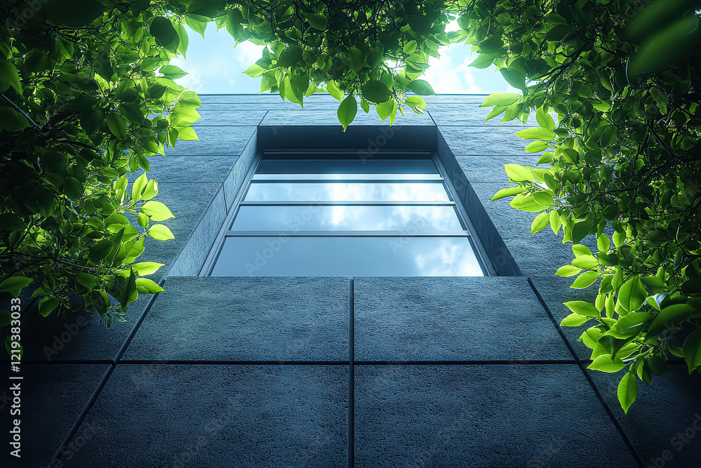 Poster window with a view of the sky and leaves. the window is open and the leaves are green
