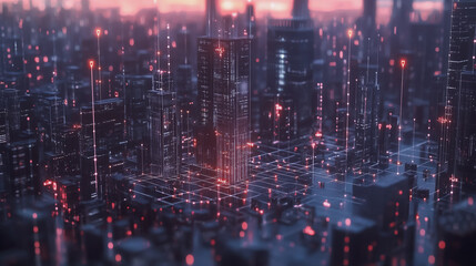 Smart digital Innovation city with connection network reciprocity over the twilight cityscape. of future smart wireless digital city and social media networking systems that connects people with city