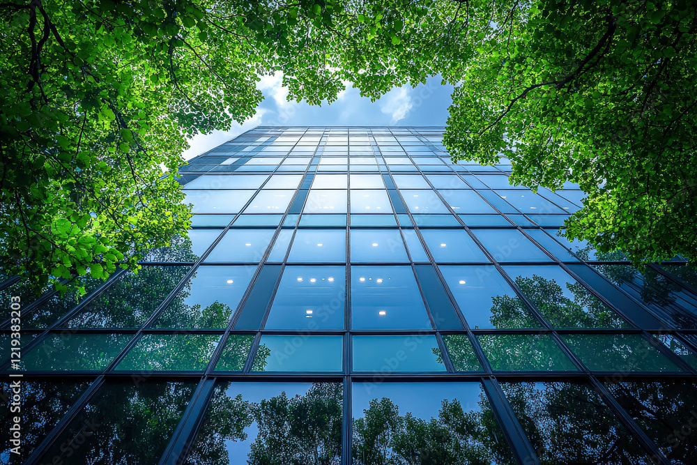 Poster tall building with a lot of windows and trees in the background. the building is surrounded by a lot