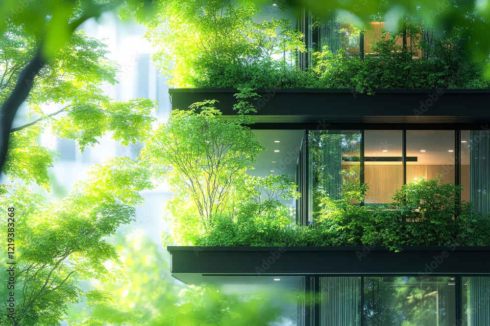 Poster building with a green roof and a lot of trees surrounding it. the building has a lot of windows and 