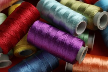 Different spools of sewing threads as background, closeup