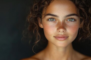 Fototapeta premium Close-up portrait of a woman with distinct freckles on her face, suitable for personal or editorial use