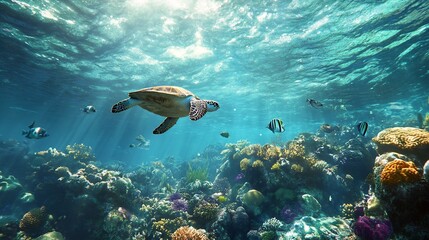 Fototapeta premium Stunning Underwater Scene with Sea Turtle and Vibrant Coral Reef