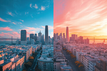 Fototapeta premium Cityscape transitioning from daylight to sunset with striking colors.