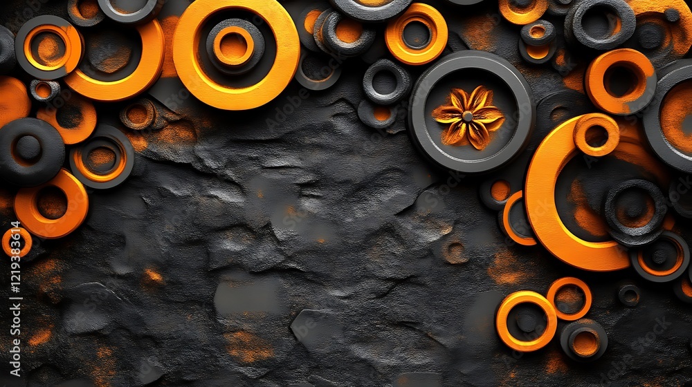Poster abstract orange and black circular design on a textured background