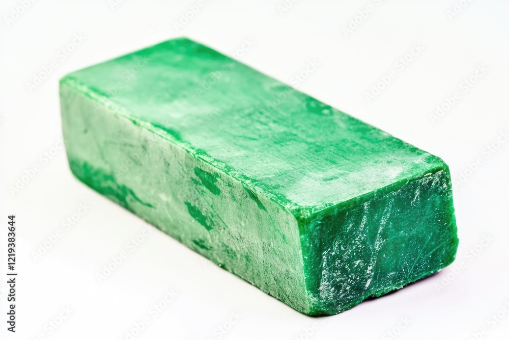 Poster a single block of green soap placed on a clean white surface, ready for use