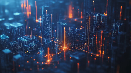 Obraz premium Smart digital Innovation city with connection network reciprocity over the twilight cityscape. of future smart wireless digital city and social media networking systems that connects people with city