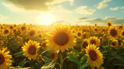 Fototapeta premium Golden Sunflowers at Sunset: A Summer Field of Blooms