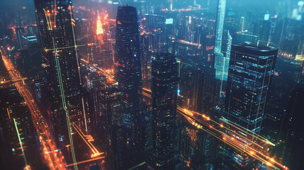 Fototapeta premium Smart digital Innovation city with connection network reciprocity over the twilight cityscape. of future smart wireless digital city and social media networking systems that connects people with city