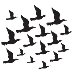 Flock of flying birds silhouette vector, Flying bird black silhouette vector set