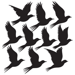 Flock of flying birds silhouette vector, Flying bird black silhouette vector set