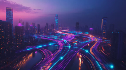 Fototapeta premium Smart digital Innovation city with connection network reciprocity over the twilight cityscape. of future smart wireless digital city and social media networking systems that connects people with city