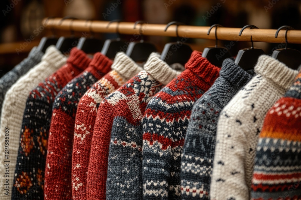 Poster row of sweaters displayed on a rack for display or storage