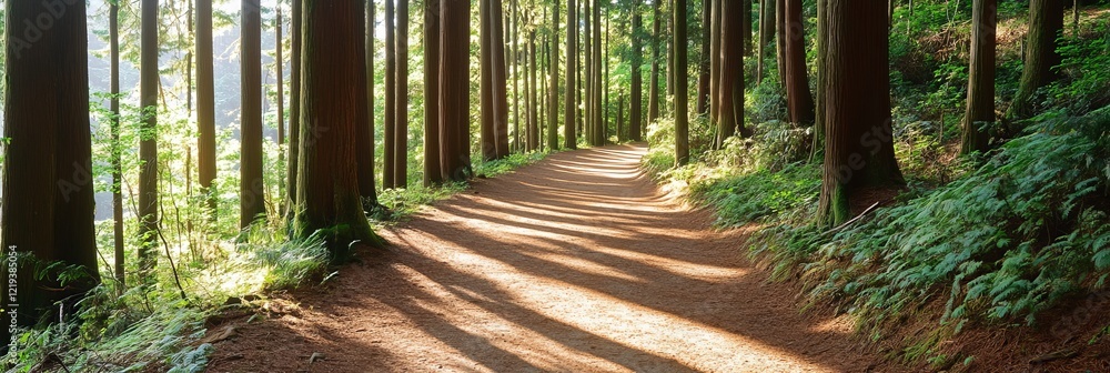 Poster sunlight filters through tall trees on a serene forest path, casting long shadows across the soft ea