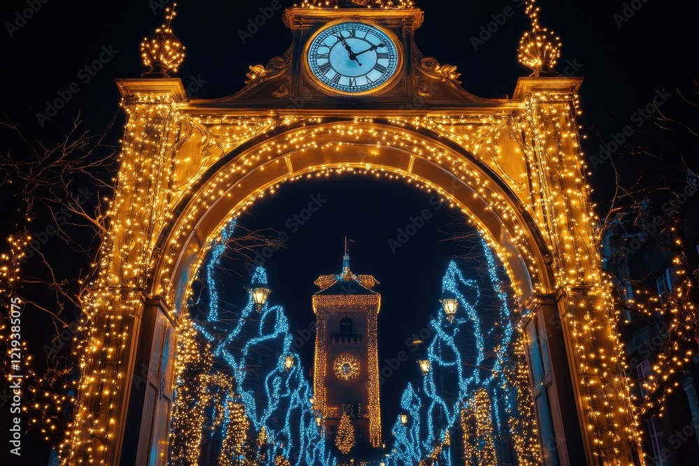 Poster illuminated clock tower archway with festive lights . a decorative clock rests atop an archway, surr