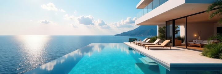 Fototapeta premium Modern house, infinity pool overlooking ocean, lines, estate