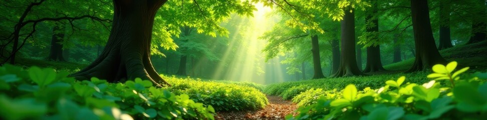 Lush green canopy, vibrant new leaves, sunlight dappled forest floor, perspective, overhead