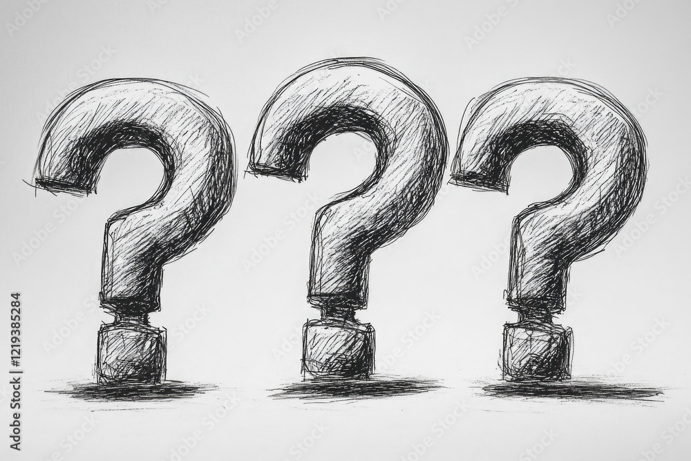 Poster a minimalist design featuring three question marks on a white background, suitable for use in presen