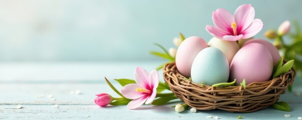 Delicate pastel eggs adorned with fresh spring blooms, nestled on white wood , decoration, festive