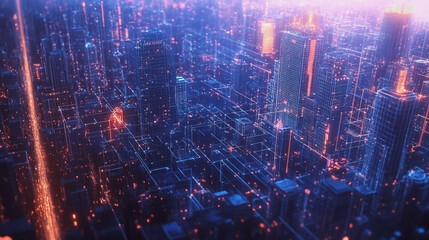 Obraz premium Smart digital Innovation city with connection network reciprocity over the twilight cityscape. of future smart wireless digital city and social media networking systems that connects people with city