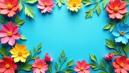 Obraz premium Colorful paper cutouts, floral arrangement, blue background, ample space, cutout, floral