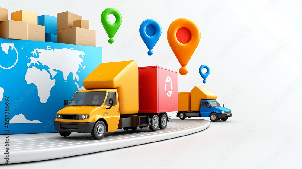 Poster a dynamic map showing delivery vehicles in motion, isolated on white background