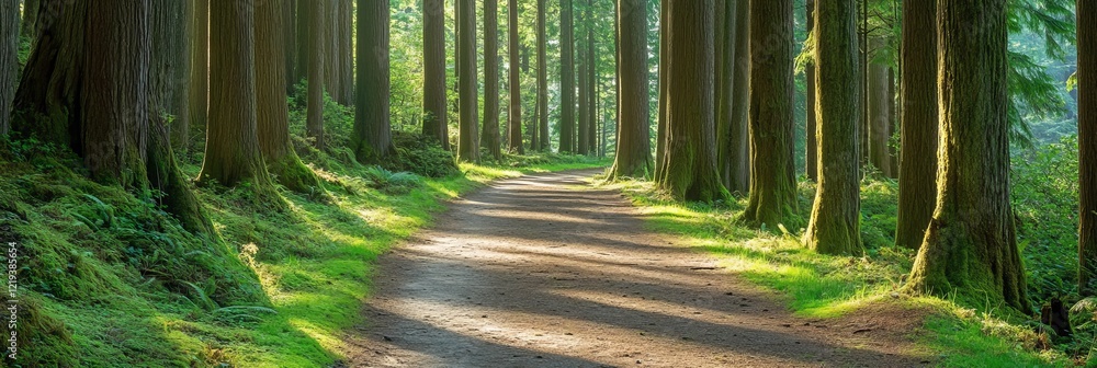 Poster a serene forest path lined with tall trees, illuminated by soft sunlight filtering through the leave