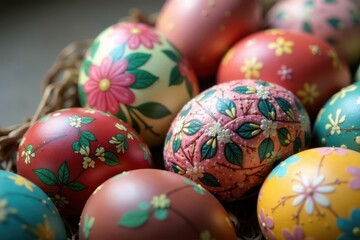Fototapeta premium Close-up of intricately decorated Easter eggs , Textur, handmade