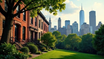 Fototapeta premium Brownstones and lush Gramercy Park, Midtown skyline backdrop , skyline, view