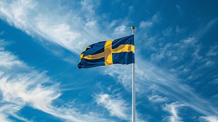 Sweden flag waving in the wind against a blue sky with clouds