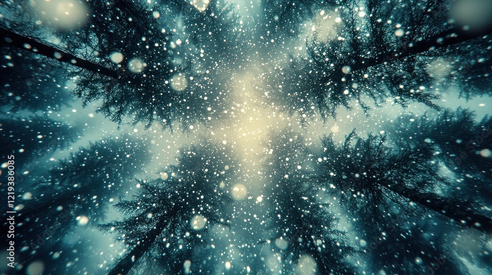 Poster a view of the snowy forest from below, with the trees reaching up to a bright light shining through 