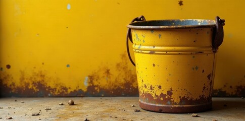 Fototapeta premium Old weathered yellow metal bucket, rusty details, rusty, metal