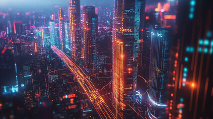 Smart digital Innovation city with connection network reciprocity over the twilight cityscape. of future smart wireless digital city and social media networking systems that connects people with city