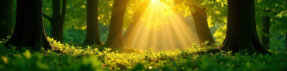 Fototapeta premium Golden sunlight filters through lush green leaves, creating enchanting forest scene, atmosphere, light