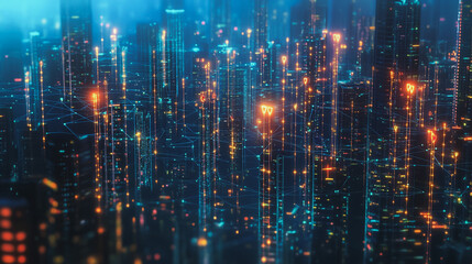 Fototapeta premium Smart digital Innovation city with connection network reciprocity over the twilight cityscape. of future smart wireless digital city and social media networking systems that connects people with city