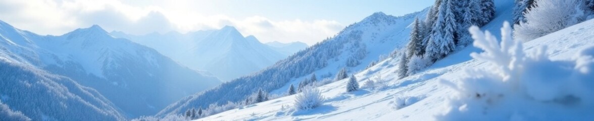 Icy hoarfrost on mountain slope covered with snow, winter wonderland, cold climate, frozen landscape