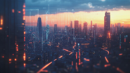 Fototapeta premium Smart digital Innovation city with connection network reciprocity over the twilight cityscape. of future smart wireless digital city and social media networking systems that connects people with city