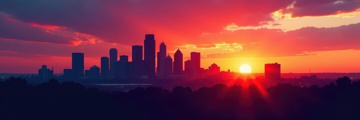 Denver skyline silhouettes at sunrise, Colorado flag in vibrant sky , buildings, flag