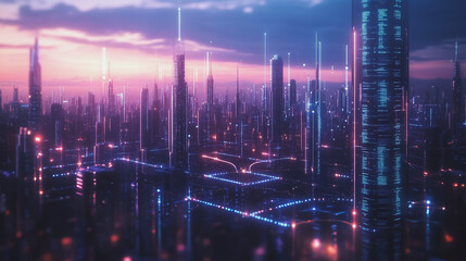 Fototapeta premium Smart digital Innovation city with connection network reciprocity over the twilight cityscape. of future smart wireless digital city and social media networking systems that connects people with city
