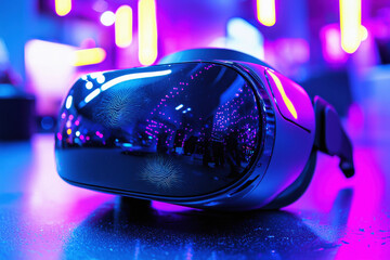 Close-up view of futuristic VR goggles with reflections and fingerprints on a sleek table in a neon-lit environment