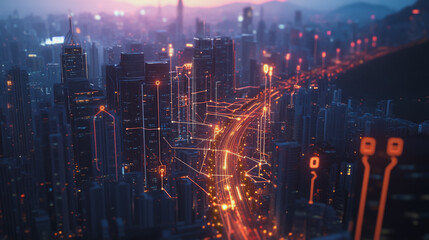 Fototapeta premium Smart digital Innovation city with connection network reciprocity over the twilight cityscape. of future smart wireless digital city and social media networking systems that connects people with city