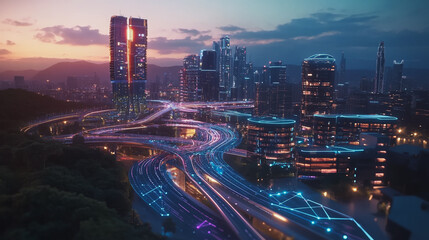 Fototapeta premium Smart digital Innovation city with connection network reciprocity over the twilight cityscape. of future smart wireless digital city and social media networking systems that connects people with city