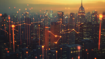 Fototapeta premium Smart digital Innovation city with connection network reciprocity over the twilight cityscape. of future smart wireless digital city and social media networking systems that connects people with city