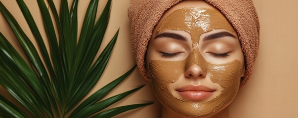 A woman applying a facial mask stands against a neutral background, embodying beauty and wellness through skincare.