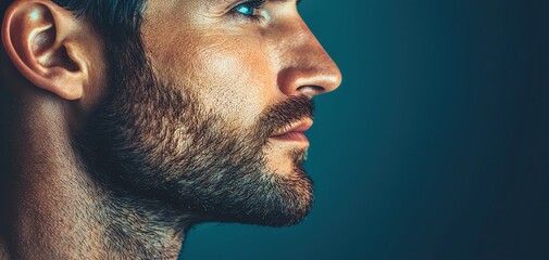 Obraz premium Profile of a man with a thoughtful expression and well-groomed beard against a dark background.