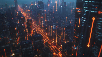 Obraz premium Smart digital Innovation city with connection network reciprocity over the twilight cityscape. of future smart wireless digital city and social media networking systems that connects people with city