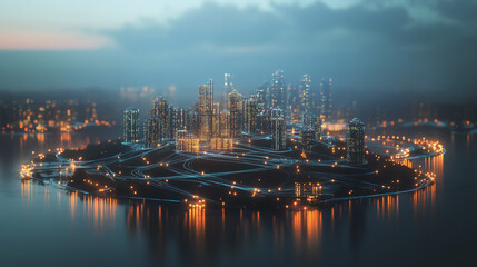 Obraz premium Smart digital Innovation city with connection network reciprocity over the twilight cityscape. of future smart wireless digital city and social media networking systems that connects people with city