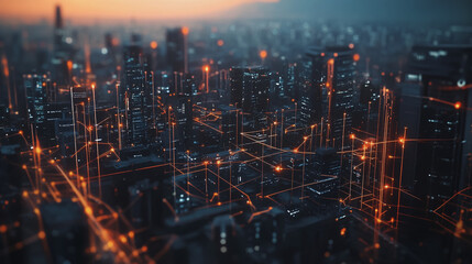 Fototapeta premium Smart digital Innovation city with connection network reciprocity over the twilight cityscape. of future smart wireless digital city and social media networking systems that connects people with city
