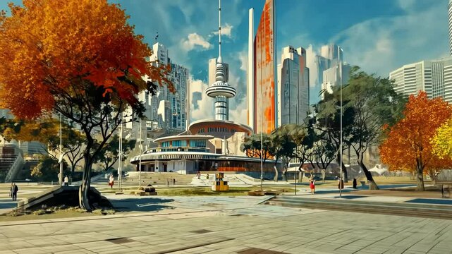 Retrofuturistic landscape in mid-century sci-fi style. Retro science fiction scene with futuristic city buildings